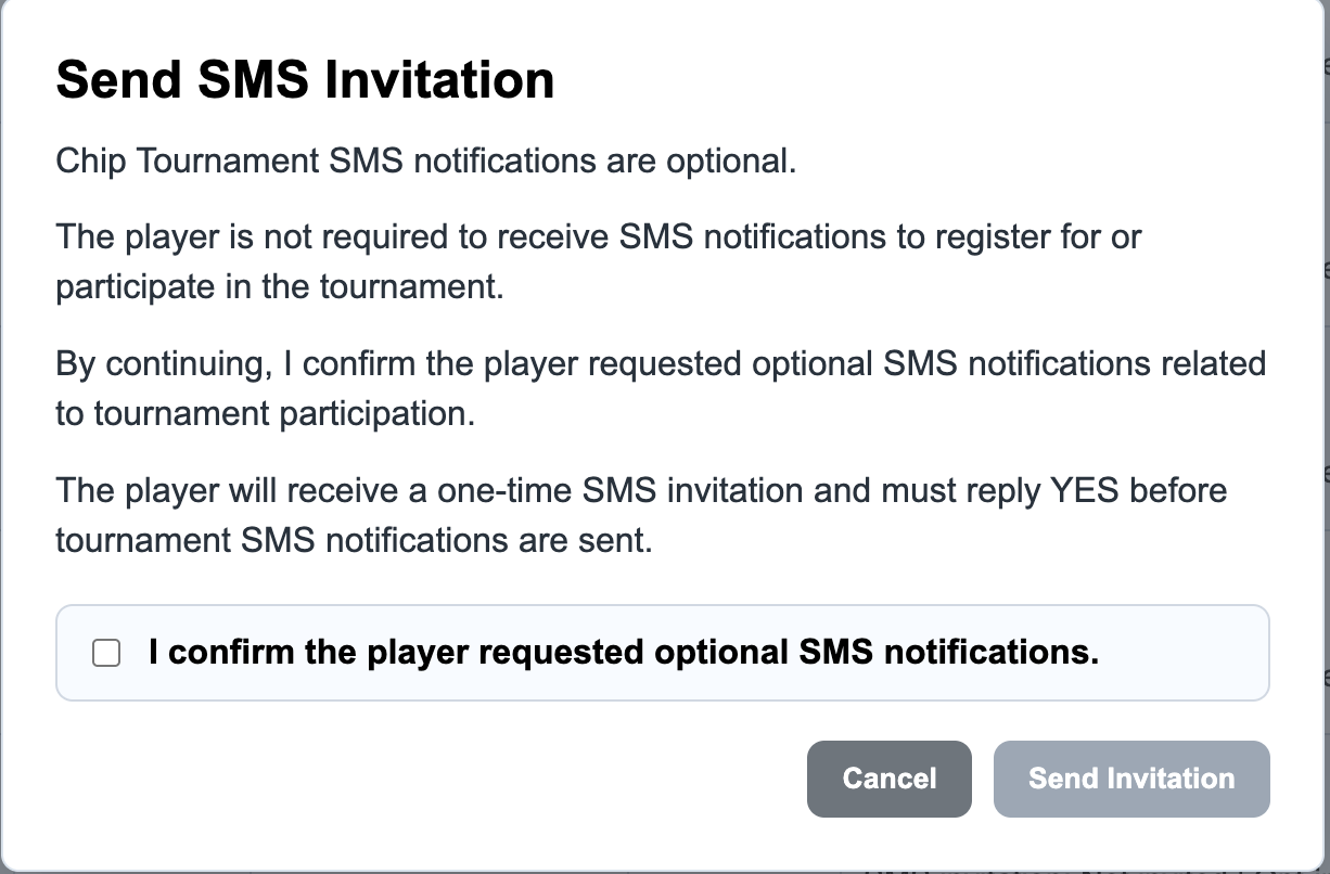Chip Tournament SMS invitation confirmation dialog requiring the Tournament Director to confirm player consent before sending an invitation